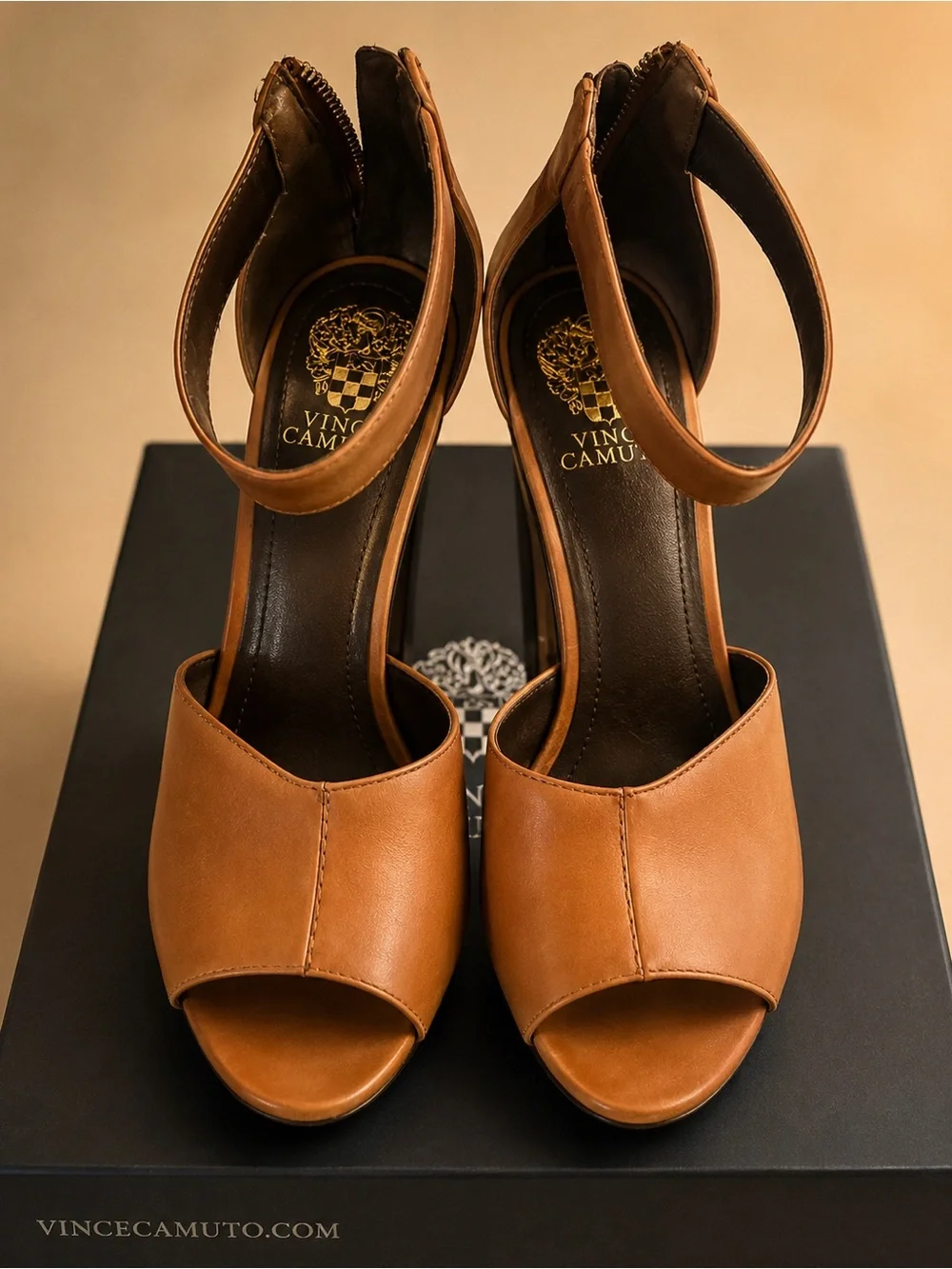 Vince Camuto Cognac Leather Peep-Toe Ankle-Strap Platforms